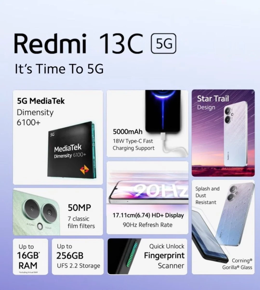 Redmi 13C 5G telefono specifikacijos