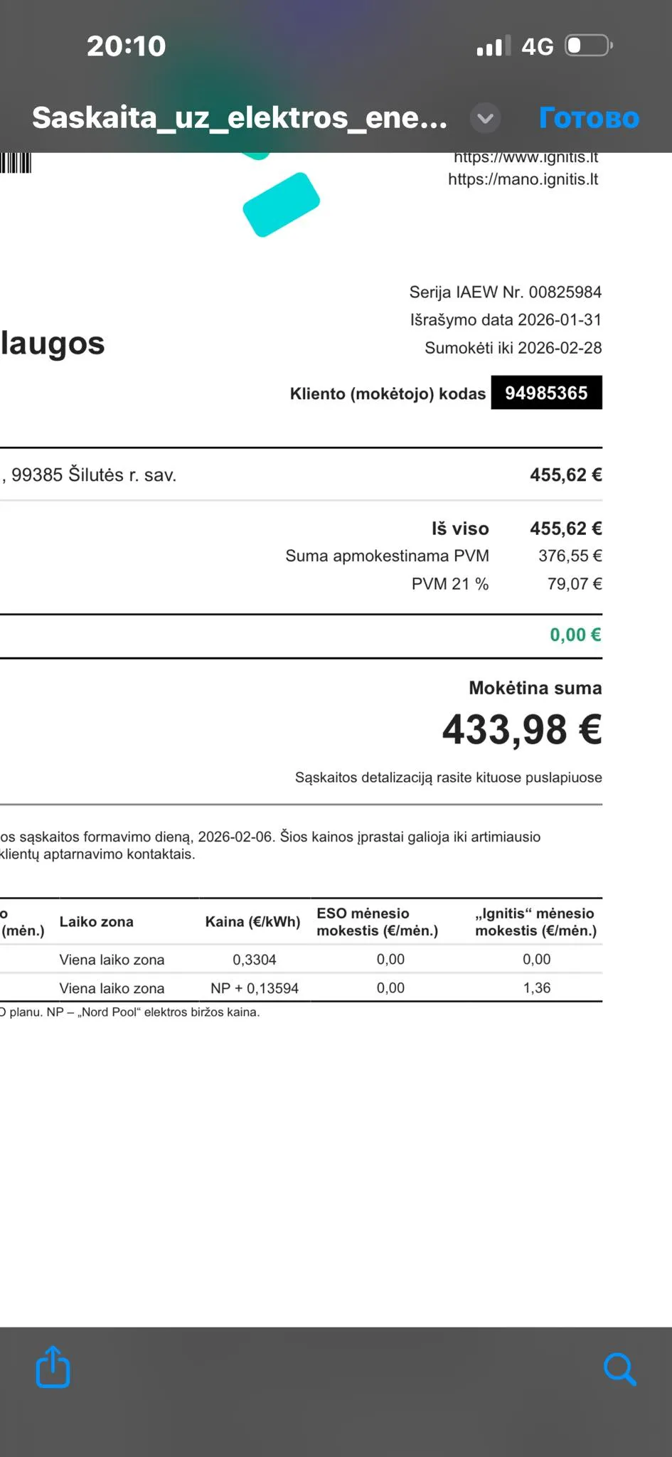 Sąskaita už elektros suvartojimą sausio mėnesį