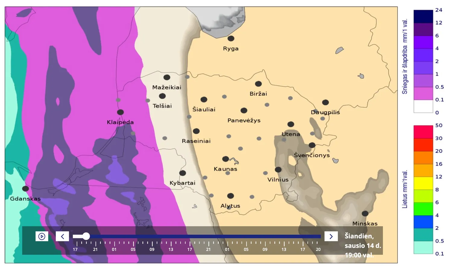 Atkeliauja sniego porcija / meteo.lt ekrano kopija