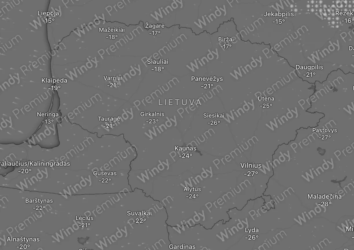 Stiprus šaltis sausio 25 dieną / Windy.com ekrano kopija